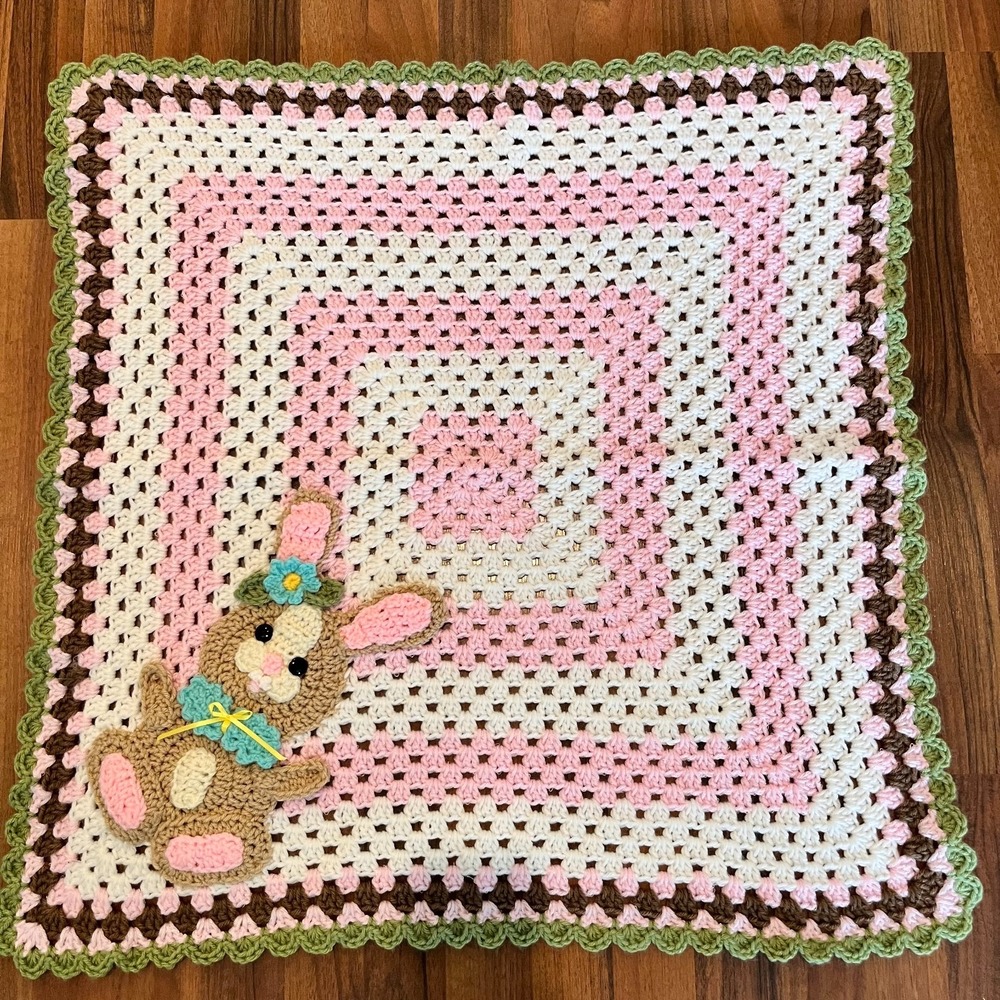 Handmade Crocheted Baby Blanket Bunny White Pink Green Colorful Soft